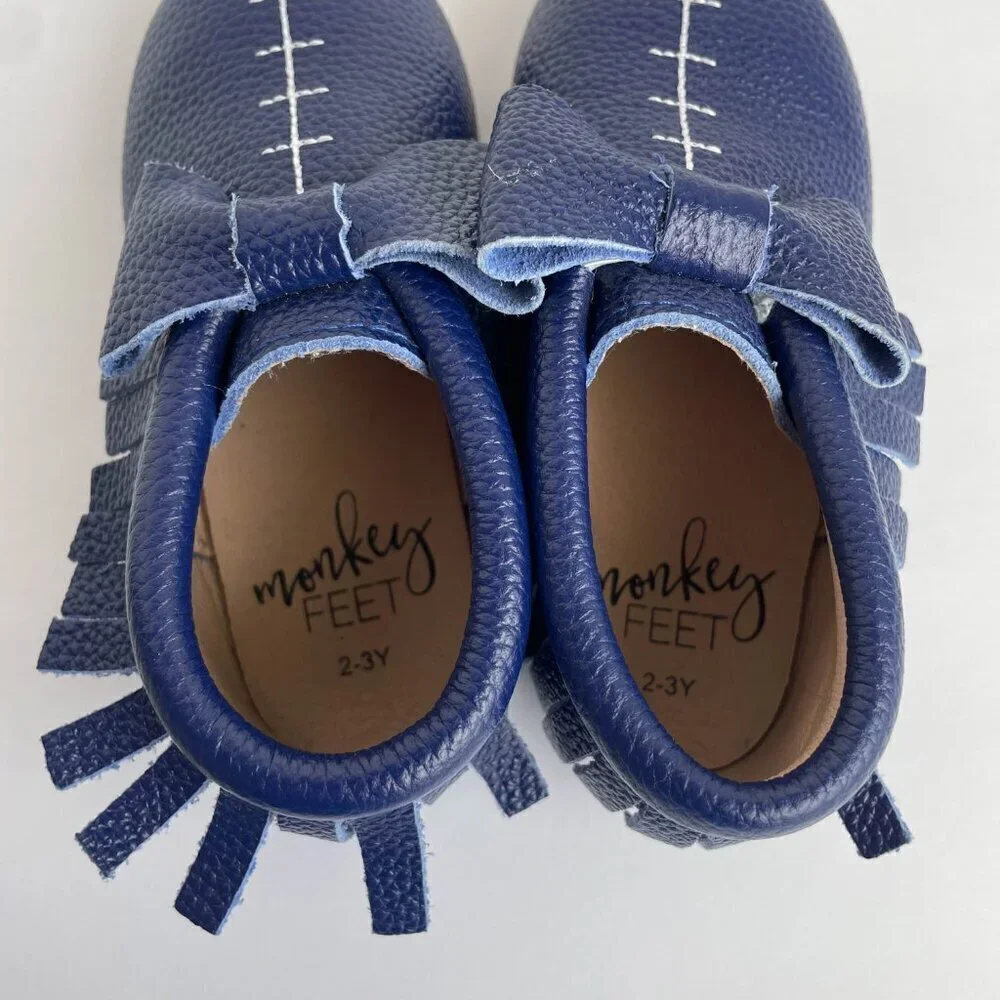 NEW Monkey Feet Leather‎ Blue Bow Moccasin Style Sandals Shoes - Size 2-3 Years